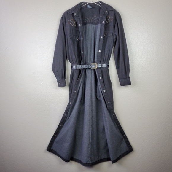 Vintage Studded Button Down Boho Maxi Belted Dress Wesrern Cowgirl Festival Rare - Picture 6 of 16